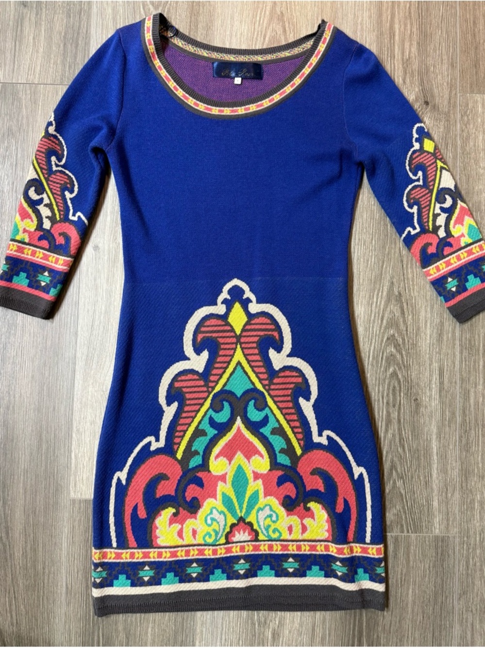Boho Sweater Mini Dress Royal Blue Baroque Tapestry Intarsia Knit Festival Small